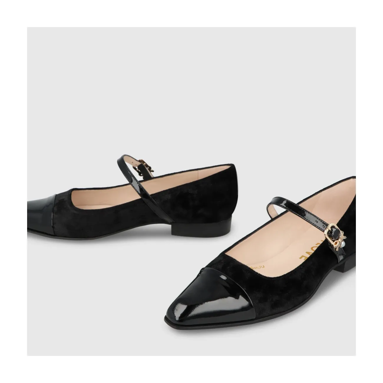 Ballerines femme en velours noir et cuir verni assorti | LODI Chaussures femme en ligne.