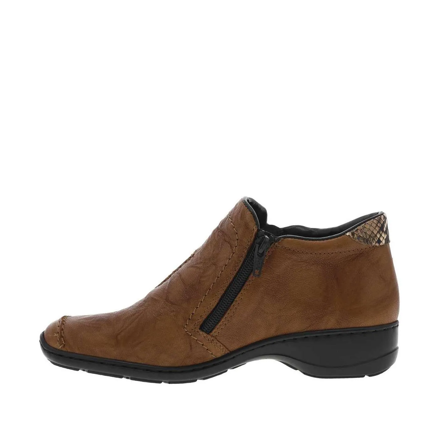 Boots en cuir froissé marron cognac à talon décroché bas et double zip