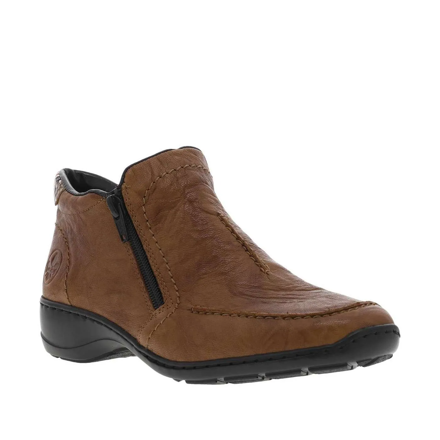 Boots en cuir froissé marron cognac à talon décroché bas et double zip