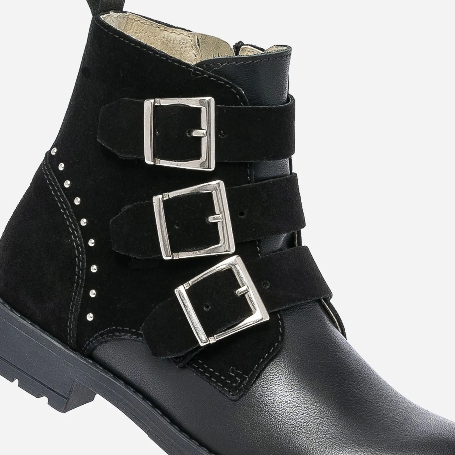 Boots noir en cuir bi matière à 3 boucles - Boots Enfant | ERAM