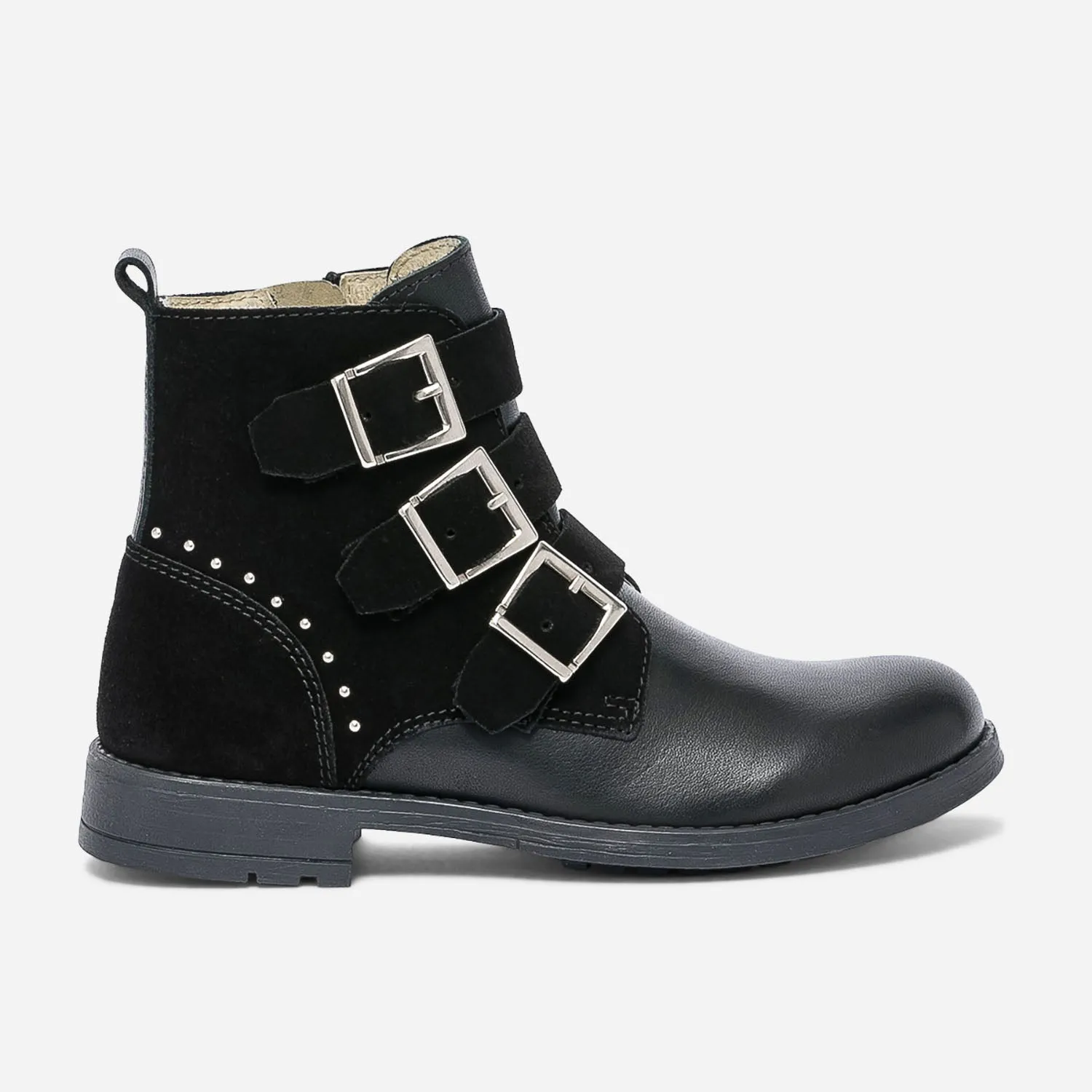 Boots noir en cuir bi matière à 3 boucles - Boots Enfant | ERAM