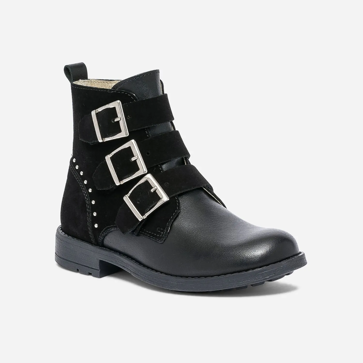 Boots noir en cuir bi matière à 3 boucles - Boots Enfant | ERAM