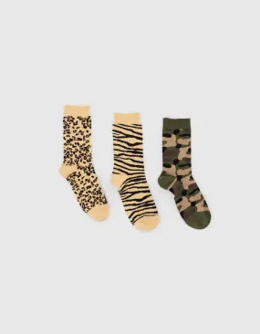 Chaussettes camel, noir, kaki à motif animalier Femme