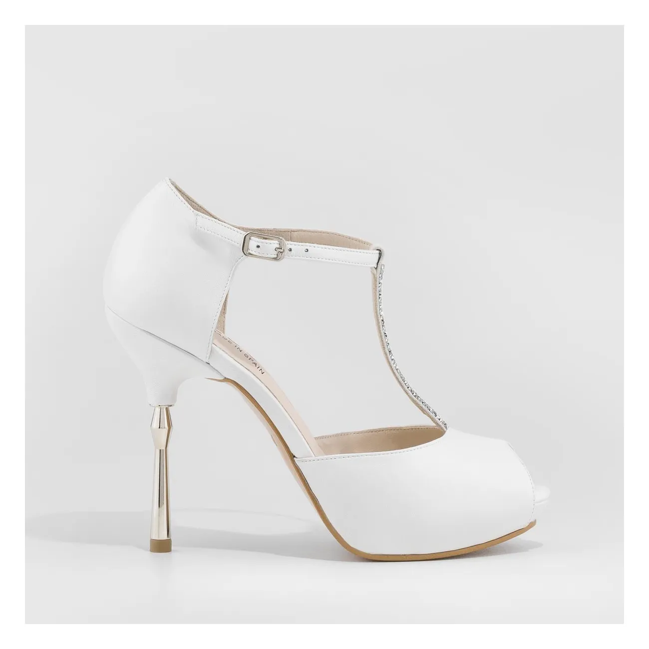 Chaussure peep-toe Amina en cuir blanc nacré et détail Swarovski | LODI chaussures pour femmes en ligne