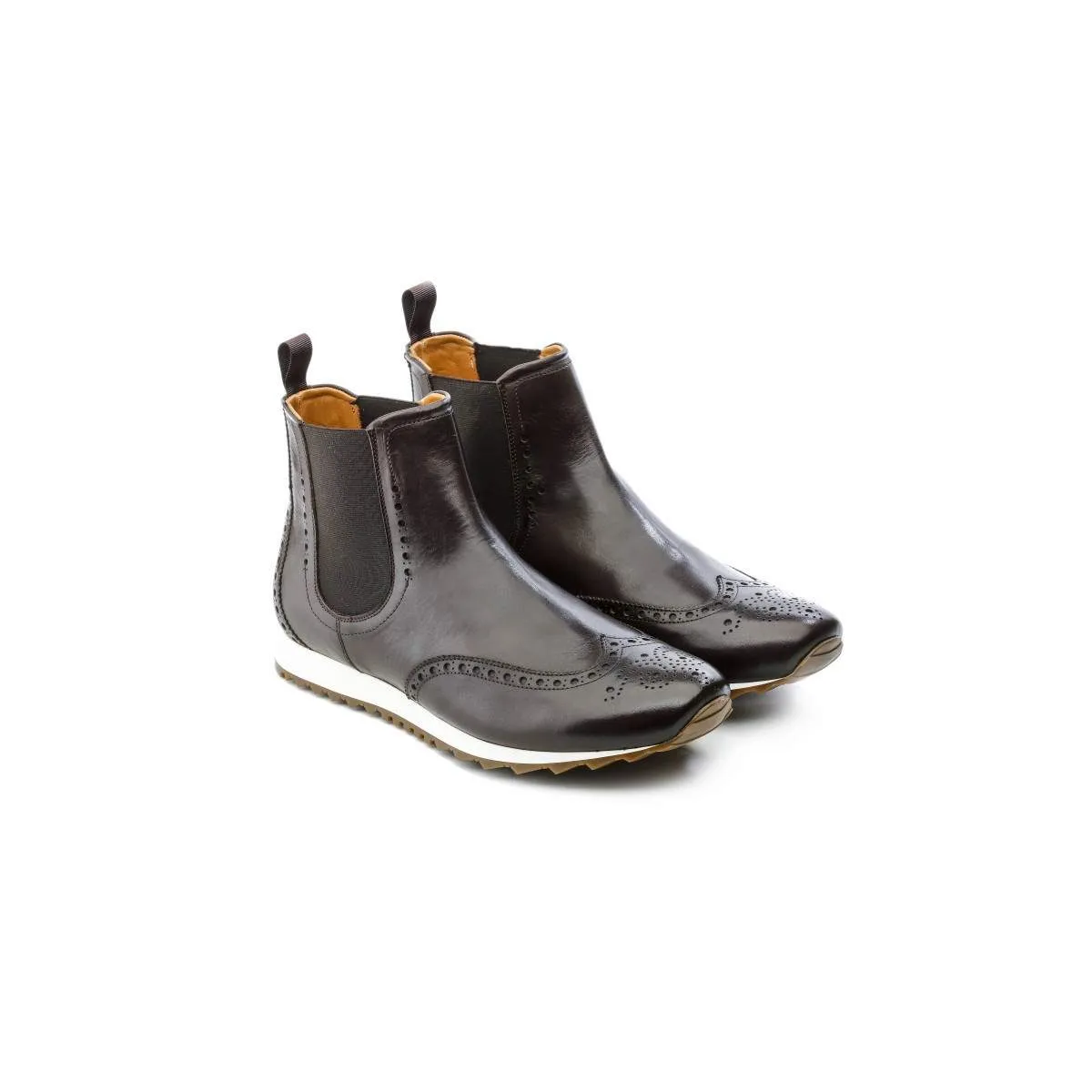 Chelsea boots homme en cuir patiné à bout golf fleuri - Marron