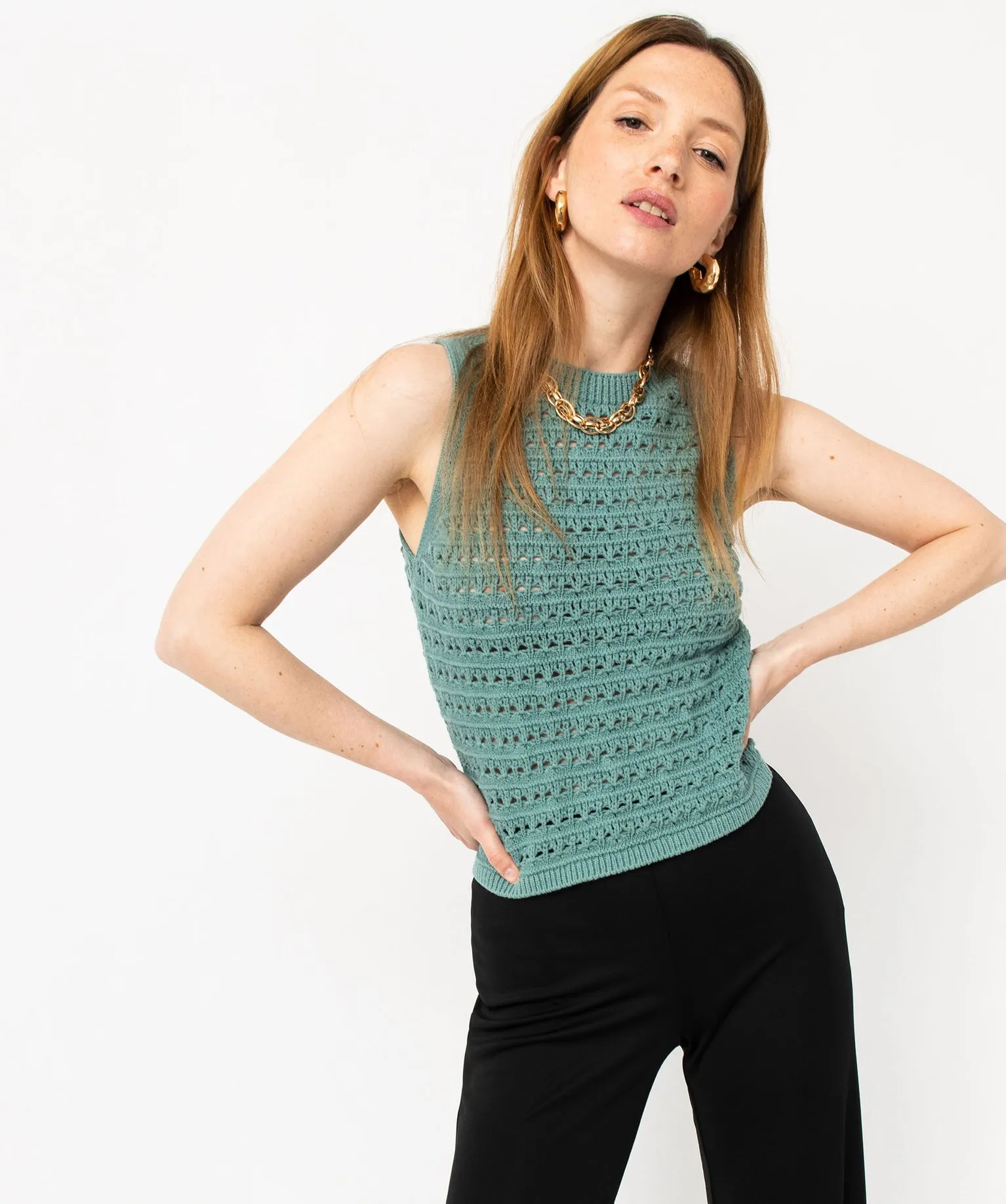 Débardeur en maille ajourée façon macramé femme bleu