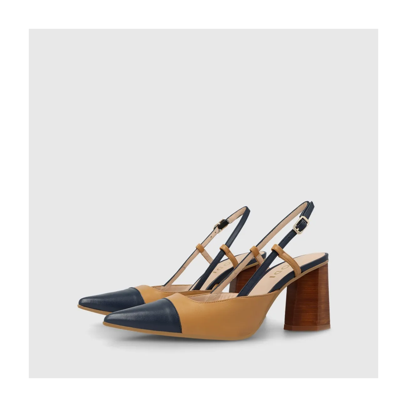 Escarpin slingback pour femme en cuir bicolore bleu et camel. I LODI Chaussures pour femme online.