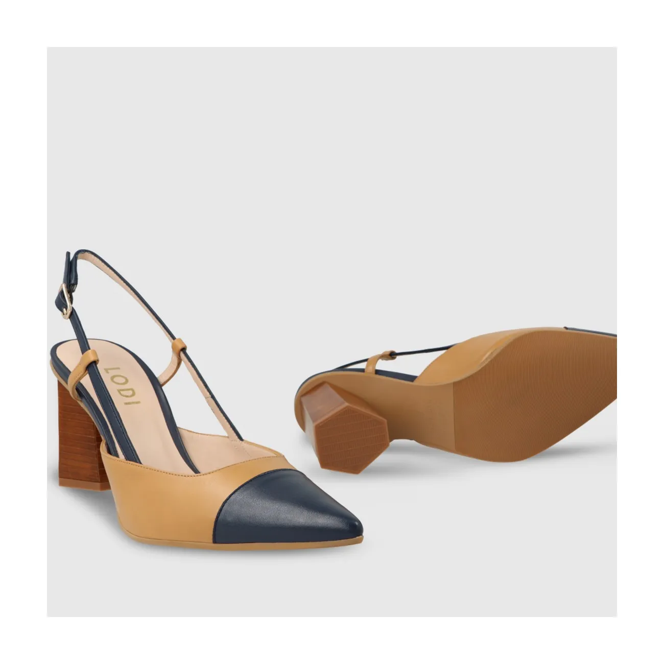 Escarpin slingback pour femme en cuir bicolore bleu et camel. I LODI Chaussures pour femme online.