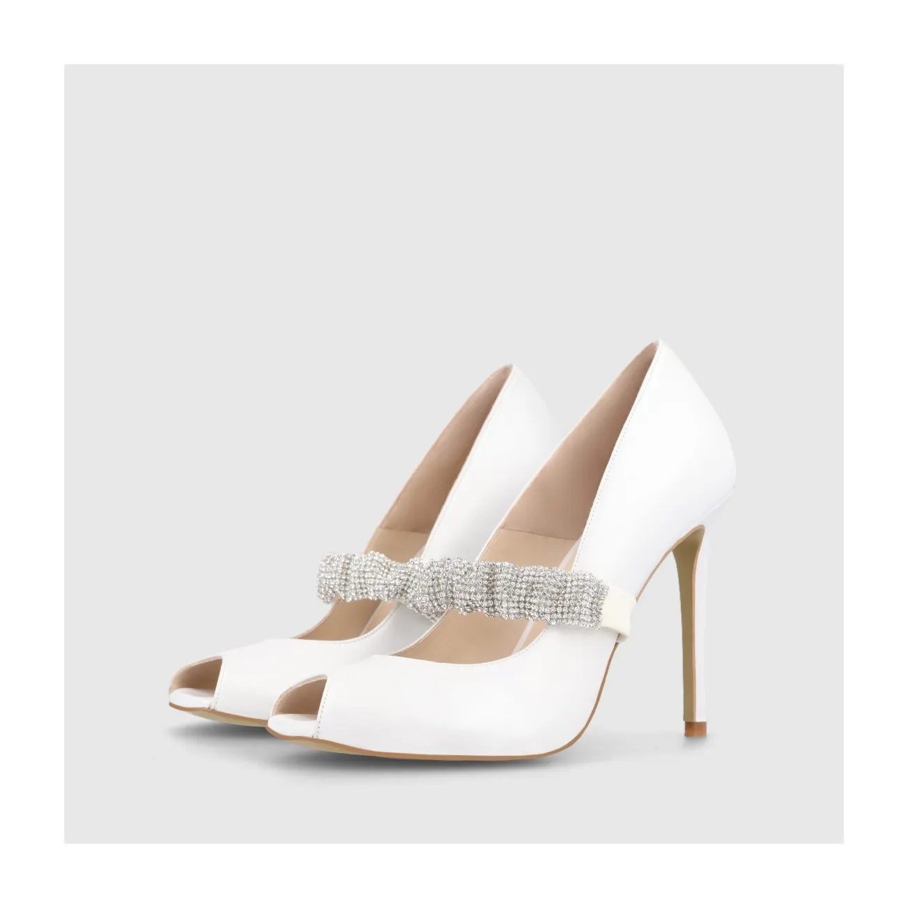 Escarpins de mariée en cuir blanc avec détail de sangle élastique en cristal | Chaussures femme LODI en ligne.