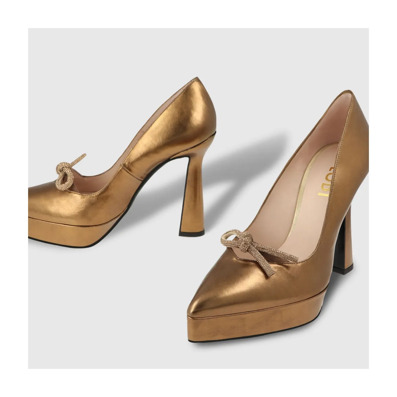 Escarpins femme en cuir métallisé couleur bronze avec nœud et strass | LODI Chaussures femme en ligne.