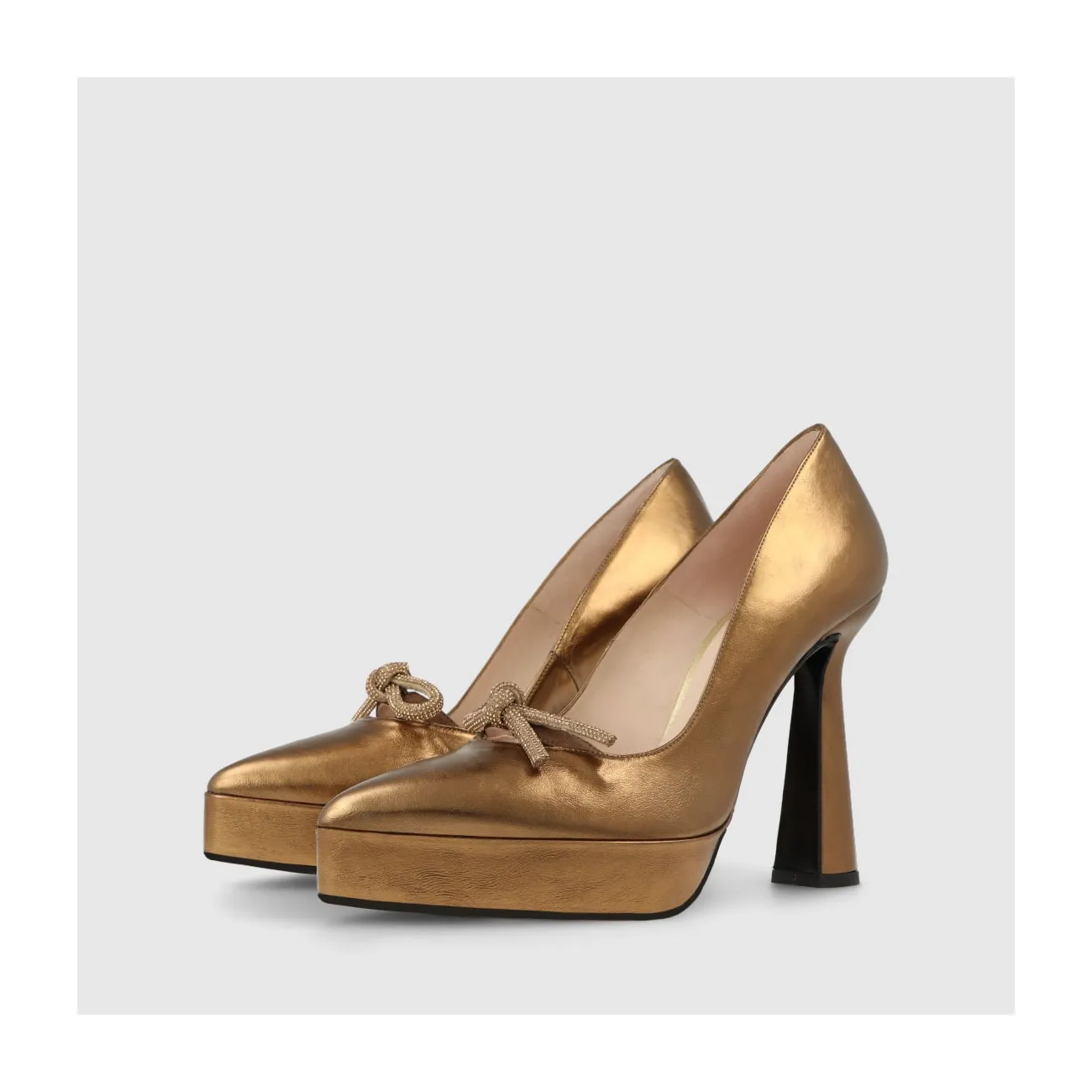 Escarpins femme en cuir métallisé couleur bronze avec nœud et strass | LODI Chaussures femme en ligne.