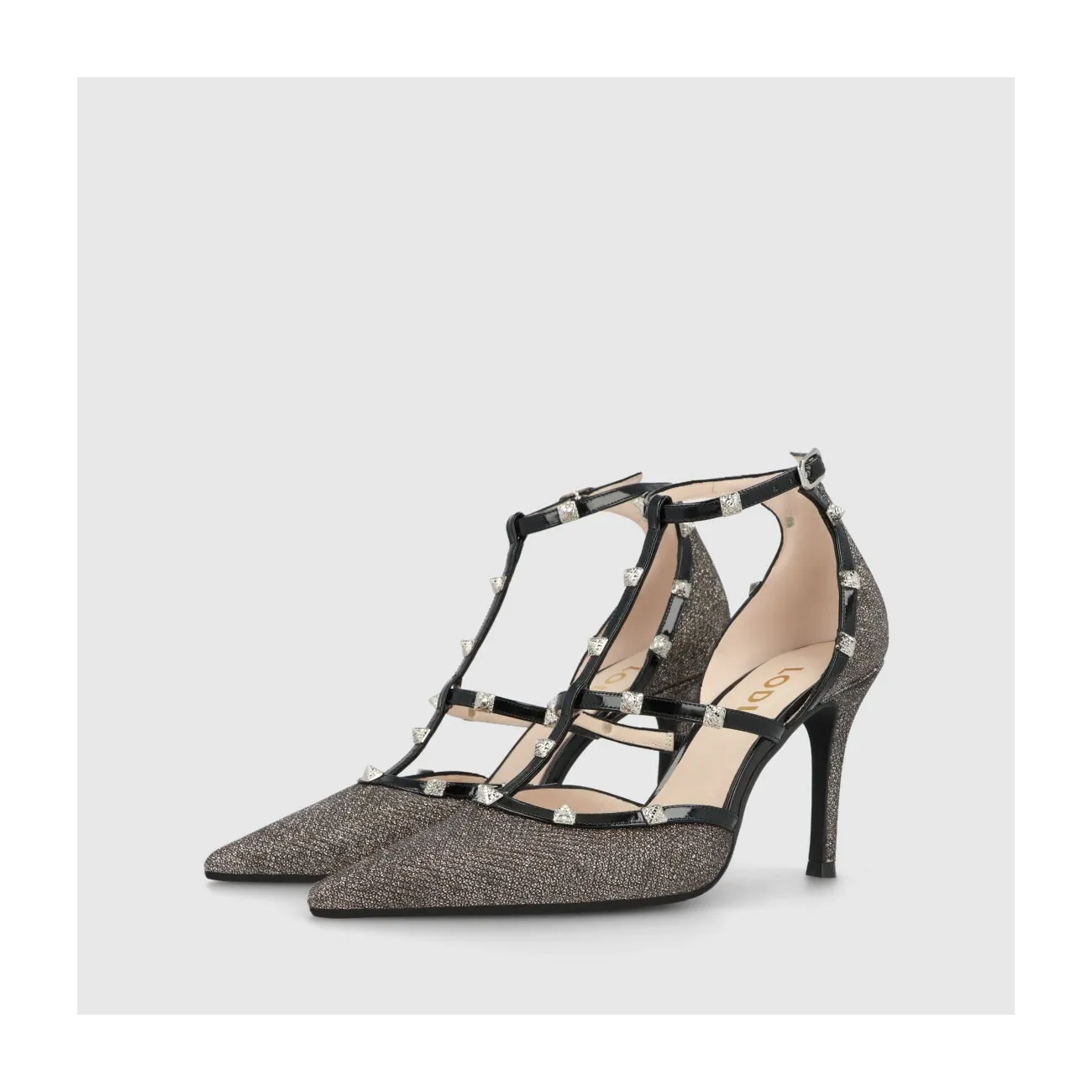 Escarpins femme en tissu avec reflets argentés et fines lanières en cuir verni noir | LODI Chaussures femme en ligne.