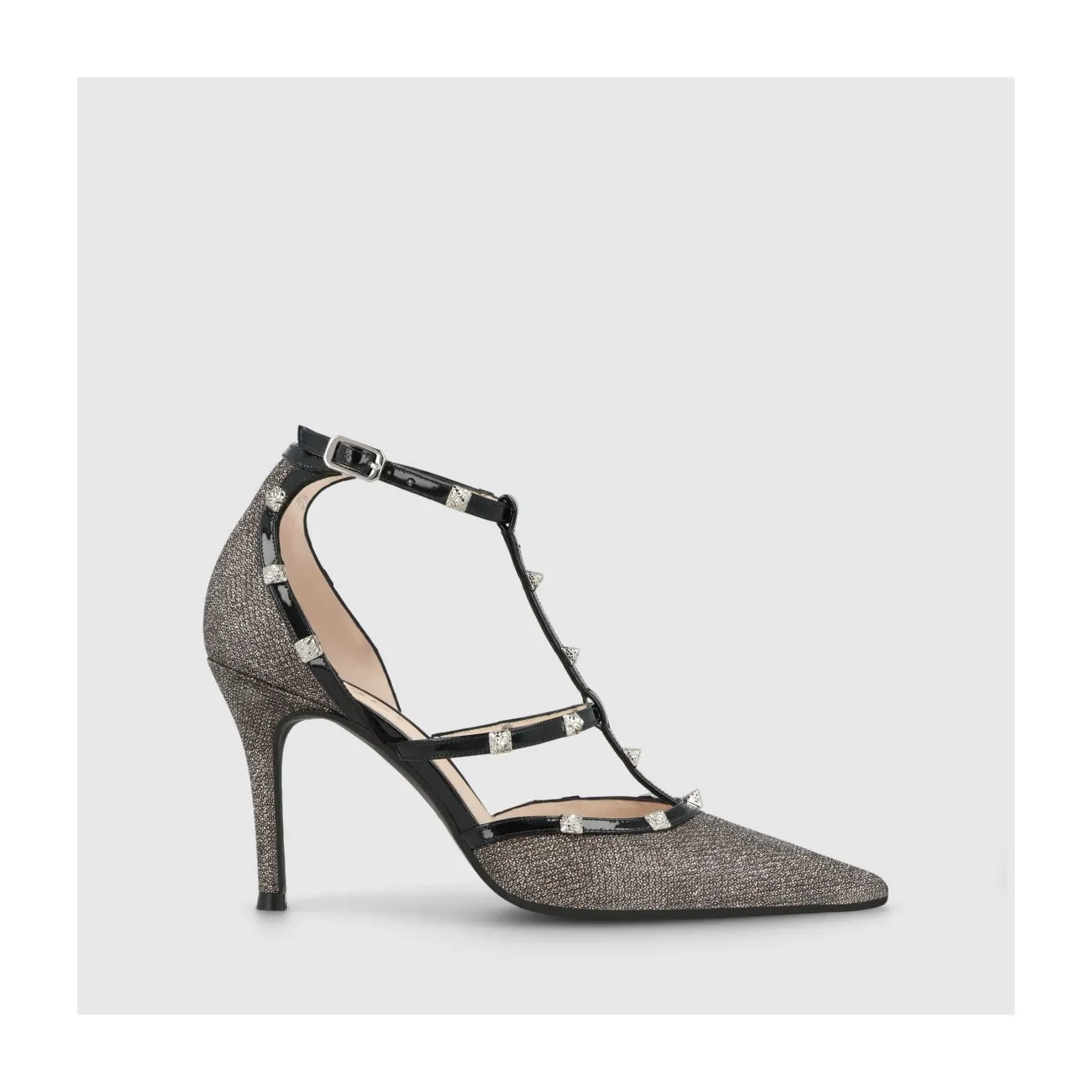 Escarpins femme en tissu avec reflets argentés et fines lanières en cuir verni noir | LODI Chaussures femme en ligne.