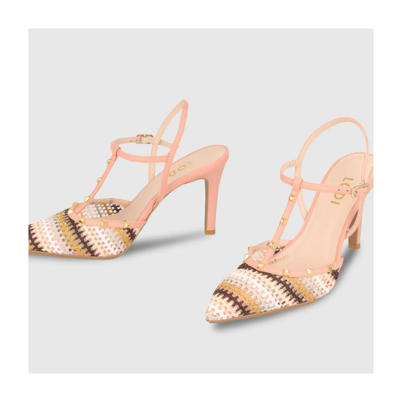 Escarpins femme à talon ouvert en cuir de couleur rose et filets | LODI Chaussures pour femme en ligne.