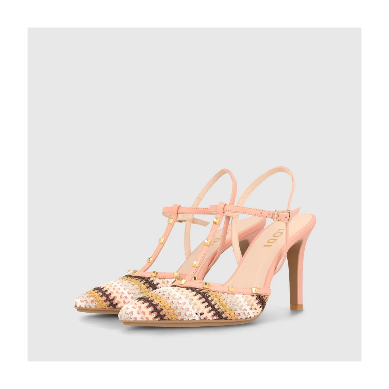 Escarpins femme à talon ouvert en cuir de couleur rose et filets | LODI Chaussures pour femme en ligne.