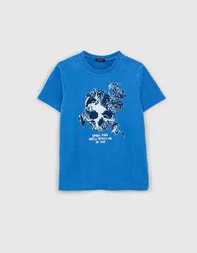 T-shirt medium blue bio à tête de mort végétale garçon 