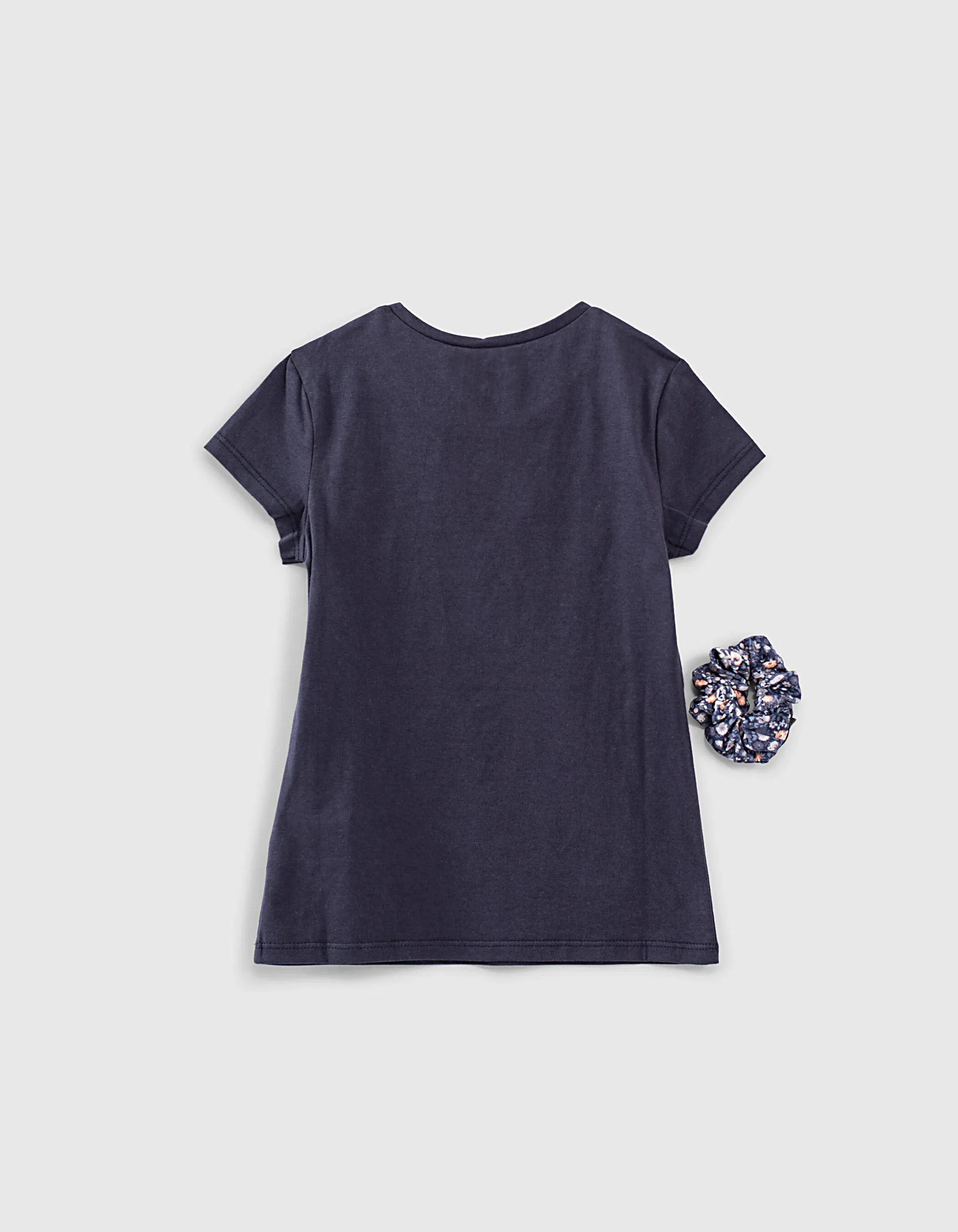 Tee-shirt navy bio avec chouchou à fleurs fille